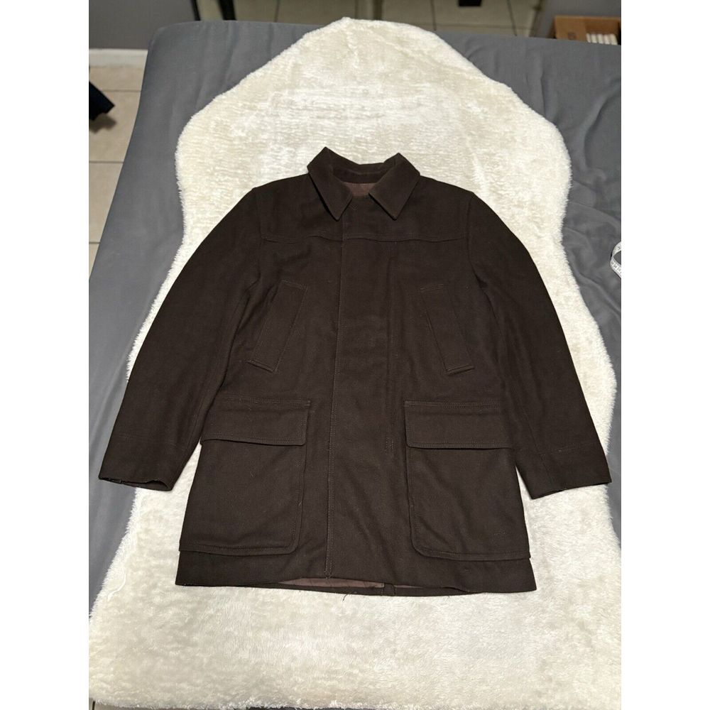 Express Mens Brown Wool Blend Pea Coat Jacket Size Small Button‎ Zip